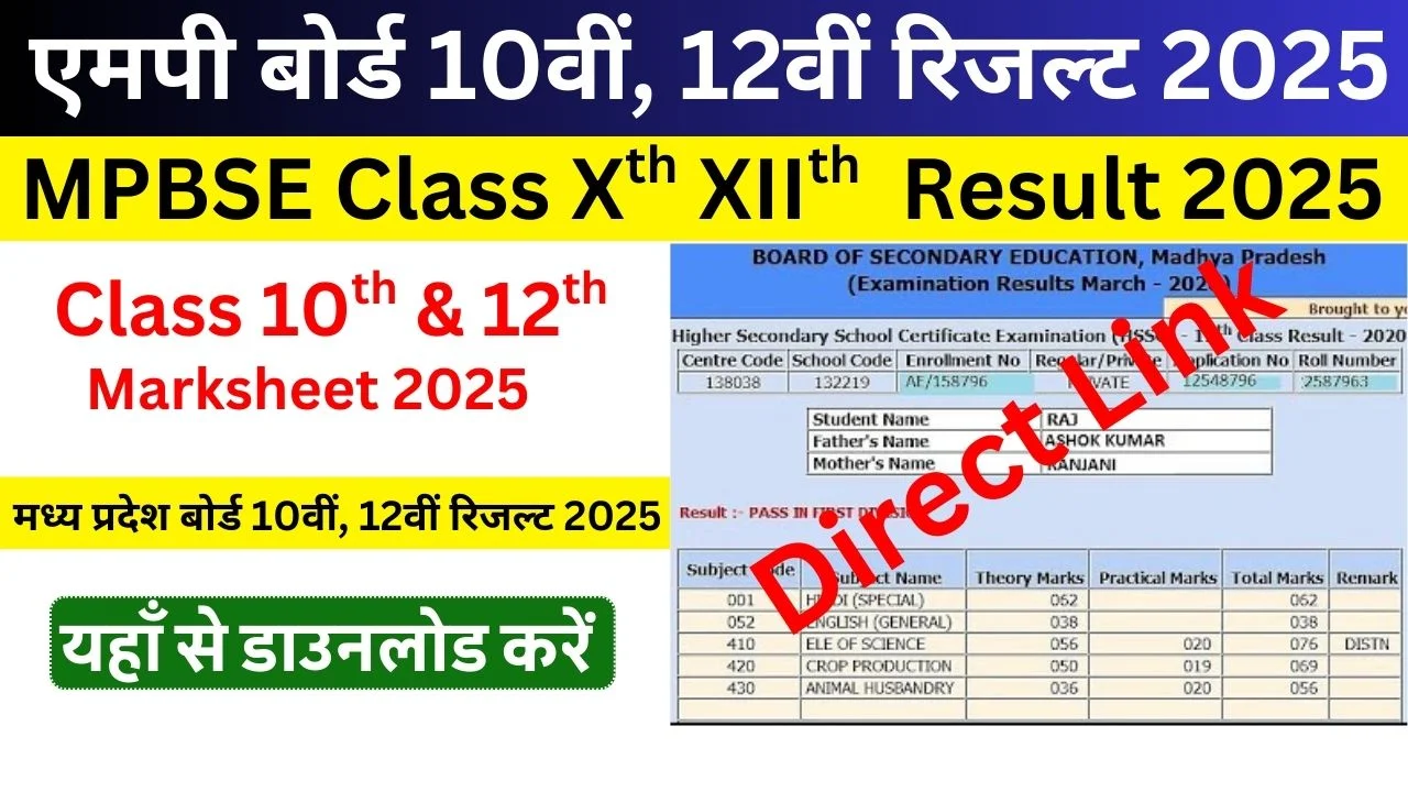 MP Board 10th 12th Result 2025 MPBSE Class Xth, XIIth Marksheet