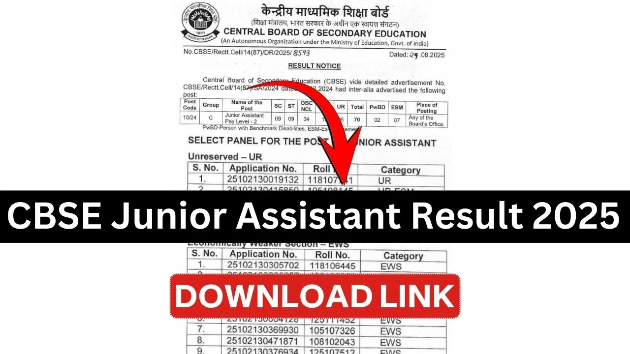 CBSE Junior Assistant Result 2025 PDF